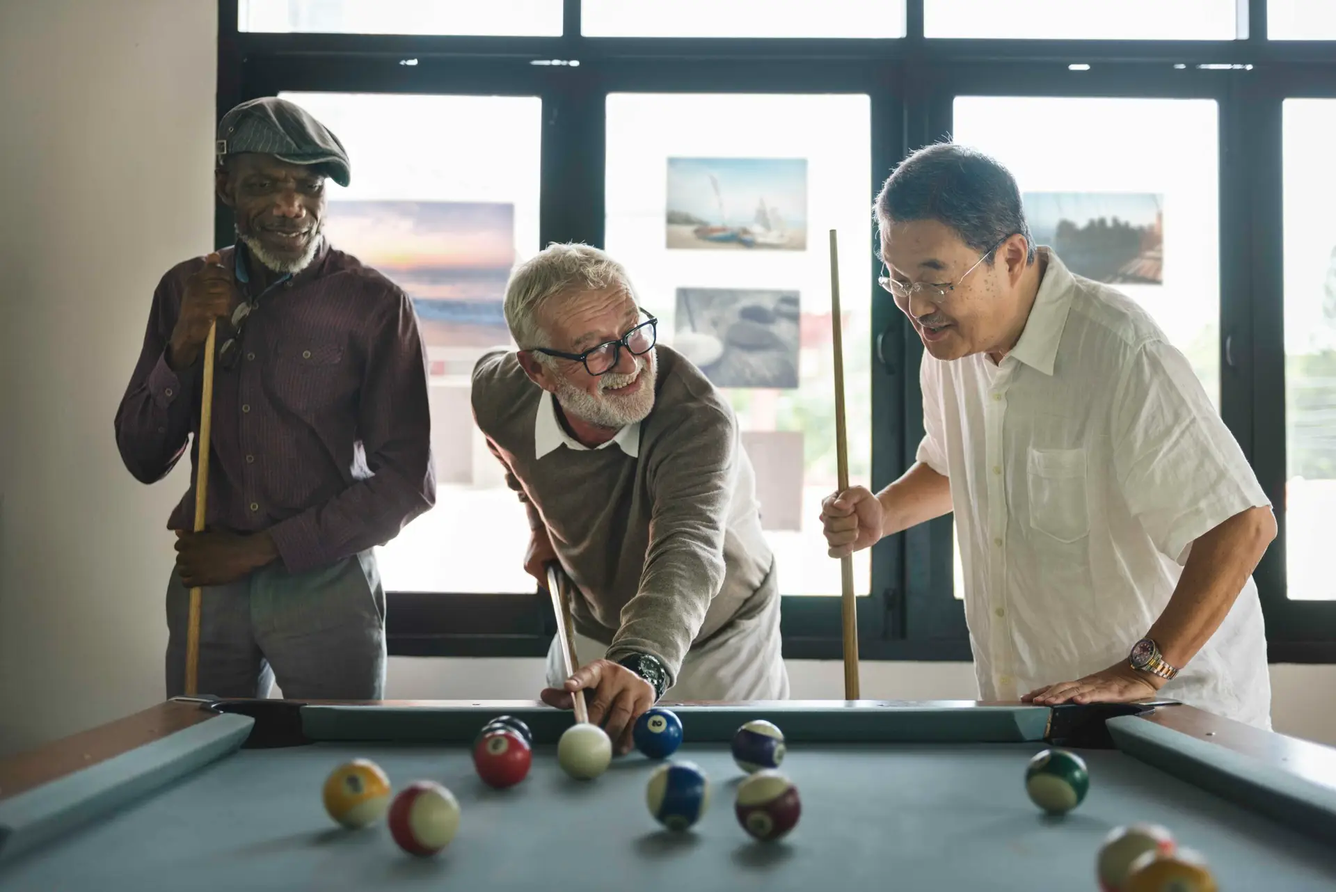 Friends Playing Billiard Relaxation Happiness Concept